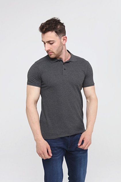 -Polo Collar 100% Cotton T Shirt Men's Anthracite Melange