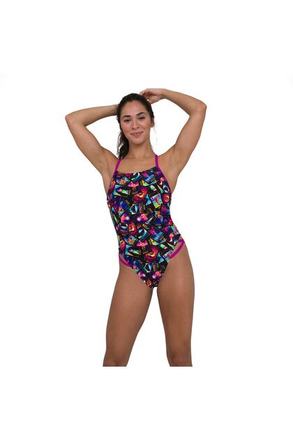 SPEEDO WOMEN'S TRAINING SWIMSUIT NEON FREESTYLER AF BLK/PURPLE 8-11714F397