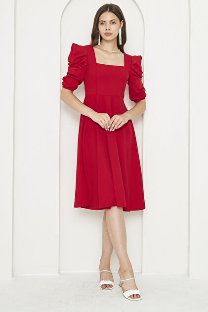 vuvutasarım New Season Women's Crepe Fabric Short Sleeve Midi Length Square  Collar Evening Dress Homecoming Dress 080- Trendyol