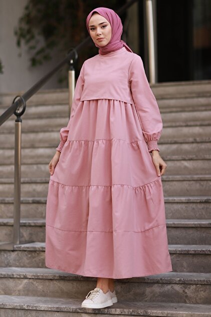 InStyle Single Layer Detailed Casual Hijab Dress - Dusty Rose- Trendyol