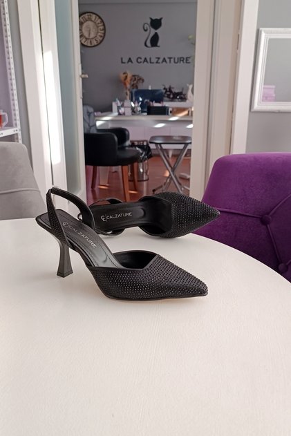 Black Satin Stone 9cm Heeled Stiletto Women's Shoes with Elastic Back