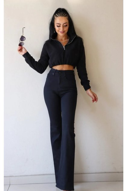 Terasa High Waist Lycra Black Flare Jeans Trousers