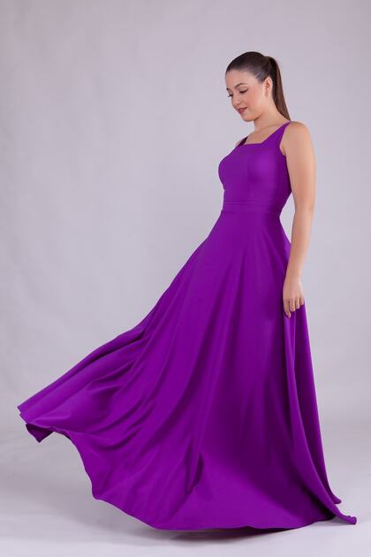 Purple Square Collar Sleeveless Wide Strap Woven Draped Fabric Maxi Length Flared Evening Dress