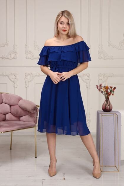 Azra Style Kadın Madonna Yaka Kuşaklı Saks Mavisi Şifon Elbise