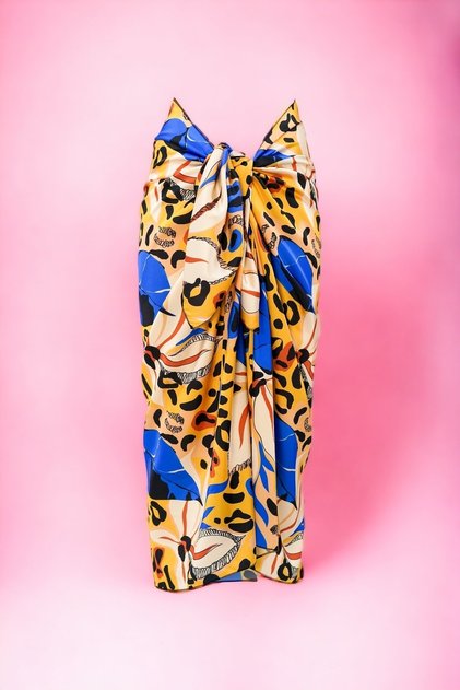 Yellow Blue Flower and Leopard Print Long Pareo Satin No Inner Display Women's Beach Dress New Season
