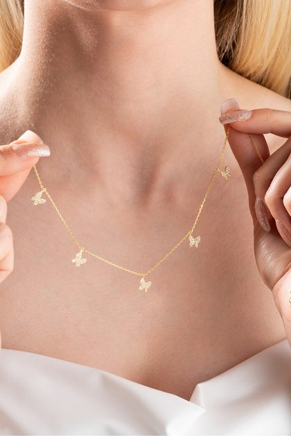 925 Ayar Gümüş Gold Zirkon Taşlı Şans Kelebek Kolye
