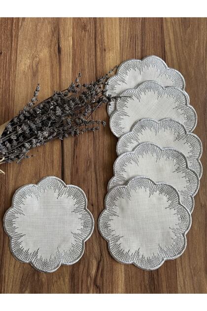 6 Pieces Silver Shiny Model Silver Embroidered Cocktail Presentation Napkin