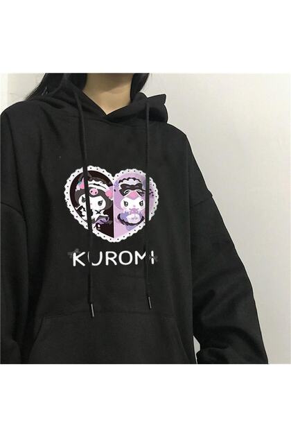 Heart Kuromi Printed Black Hooded Sweatshirt