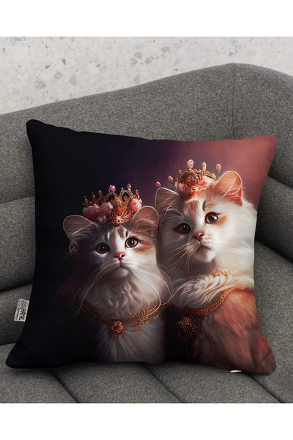 Pink Digital Printed Gift Cushion with Crowned Cat Photo - Pillow Case