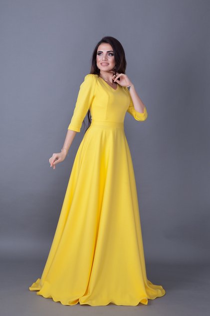 Yellow V-Neck 3/4 Sleeve Woven Draped Fabric Maxi Length Flared Evening Dress