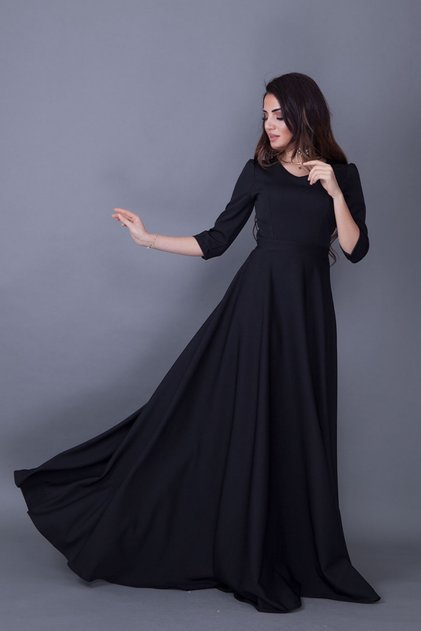 Black V-Neck 3/4 Sleeve Woven Draped Fabric Maxi Length Flared Evening Dress