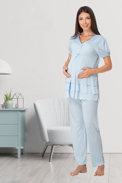 Women's Blue Short Sleeve Wide Soft Maternity Maternity Pajamas Set