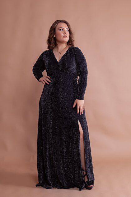 Bidoluelbise Plus Size Glitter Stretchy Fabric Double Breasted Collar Slit Long  Sleeve Maxi Length Graduation & Evening Dress- Trendyol