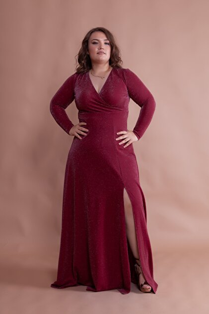 Bidoluelbise Plus Size Glitter Stretchy Fabric Double Breasted Collar Slit  Long Sleeve Maxi Length Graduation & Evening Dress- Trendyol