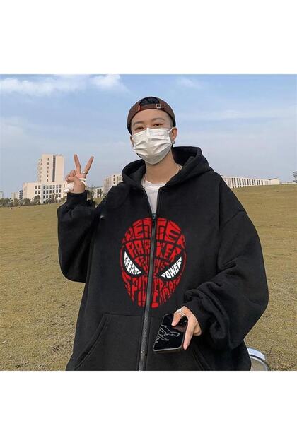 HIRO☆彡 Gofeel Spider-Man Head Baskılı Oversize Fermuarlı Siyah Unisex