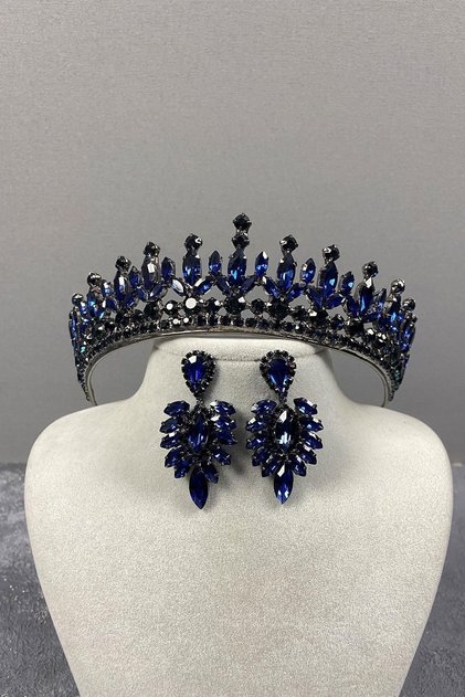 Petro Henna Crown Crystal Jewelled Crown and Drop Stone Earring Set Blue Color