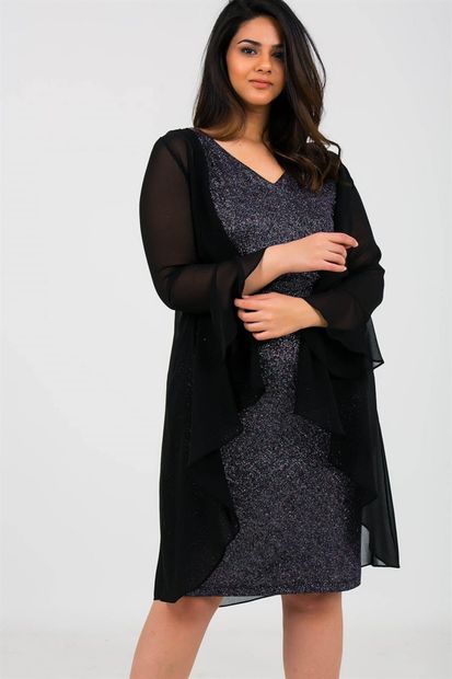 By Saygı Kadın Simli Üstü Şifon Astarlı Elbise Ceket Takım Siyah-Mor S-19Y3050003 - 3