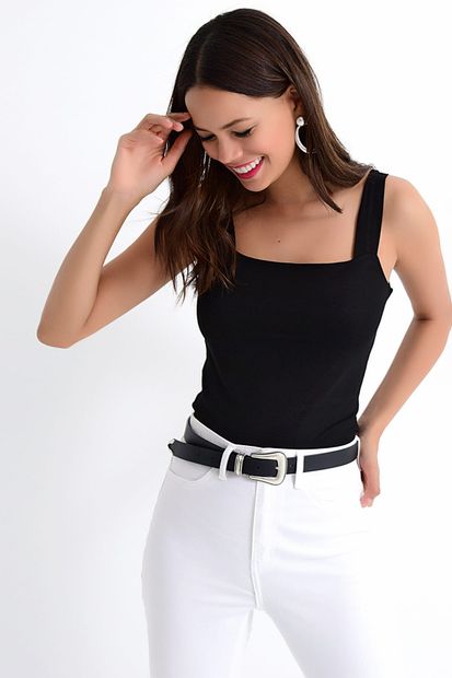 Cool & Sexy Kadın Siyah Askılı Örme Bluz KZ0194 - 1