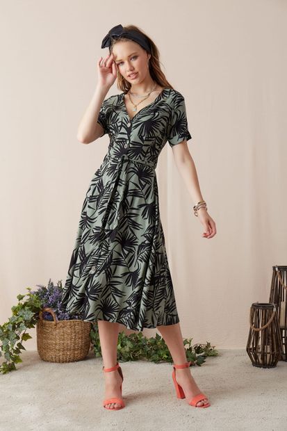 Eka Kadın Kuşaklı Astarlı Desenli Elbise-Haki-Siyah INT-0221-8081-Haki-Siyah - 1
