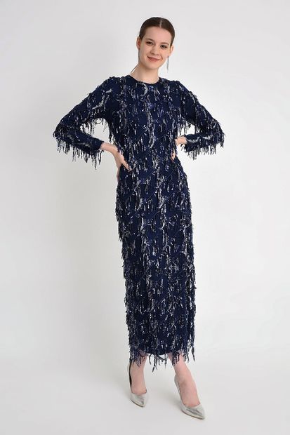 Bym Fashion Kadın Lacivert Pullu Elbise 32331 - 1