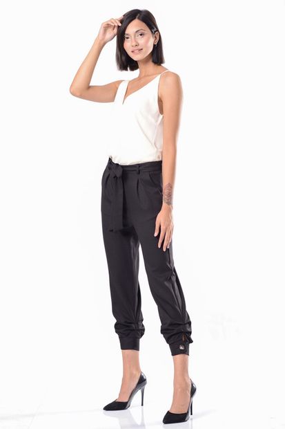İroni Kadın Siyah Paçası Düğmeli Bol Pantolon H31736-1220 - 3