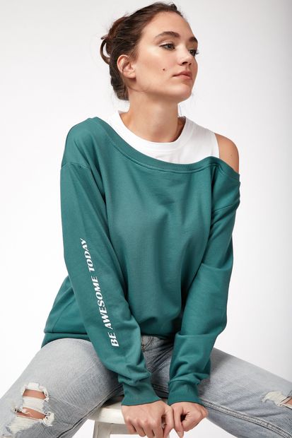 Happiness İstanbul Kadın Yeşil T-Shirt Detaylı Sweatshirt CR00245 - 1