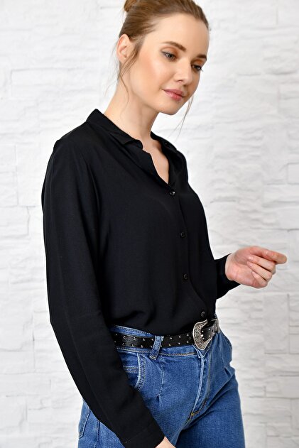Trend Alaçatı Stili Kadın Siyah Dokuma Viscon Basıc Gömlek DNZ-3096 - 1