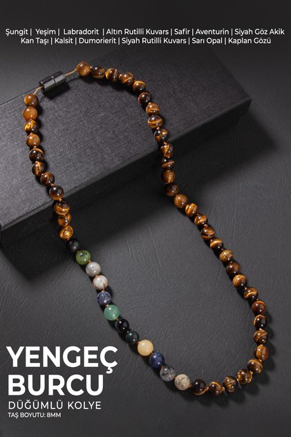 Crab Zodiac Knotted Necklace with Certified Natural Stones (Sungit, Sapphire, Opal, Quartz, Tiger Eye)