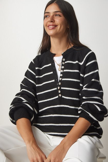 Women's Black Buttoned Collar Striped Knitwear Sweater LX00040