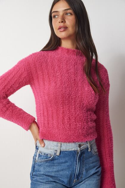 Woman's Pink Stand Collar Bearded Knit Sweater NF00068