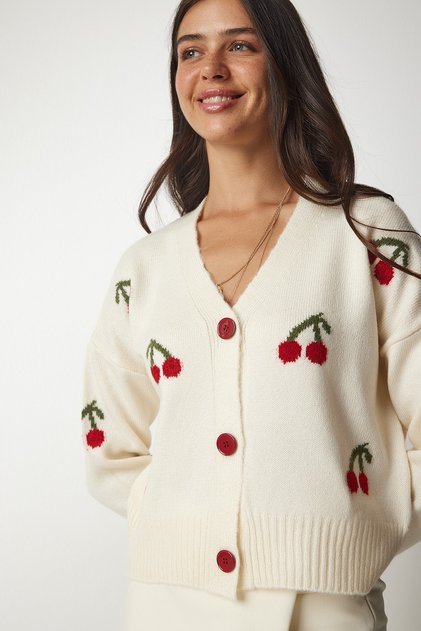Cardigan de damă, crem, roșu, cu model, tricotaj BV00101