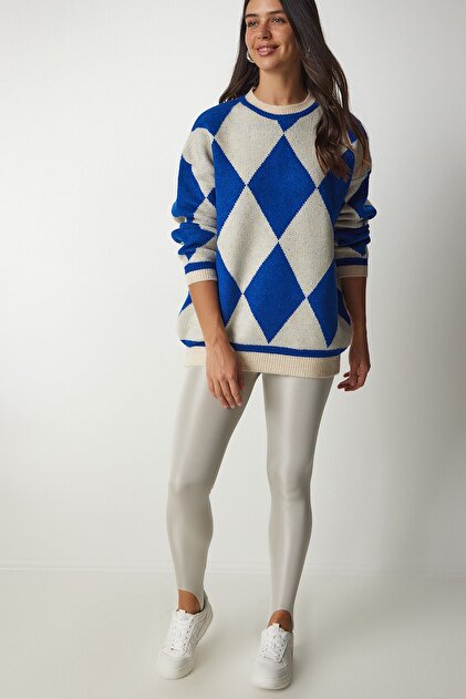Woman's Blue Baklava Patterned Oversize Knit Sweater YY00161