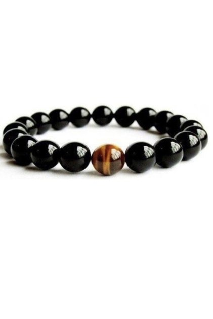 Unisex Brown Tiger's Eye And Shiny Onyx Natural Stone Bracelet