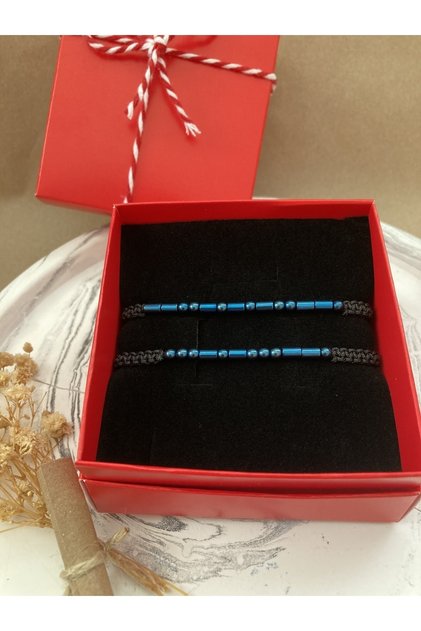 Hematite 2-Piece Natural Shiny Blue Morse Alphabet Bracelet Couple Lover Bracelet Braid Gift Boxed