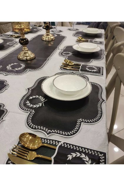 Başak Black Silver Tablecloth 6-Person 19 Piece Runner Set Embroidered Leather Dining Presentation Set