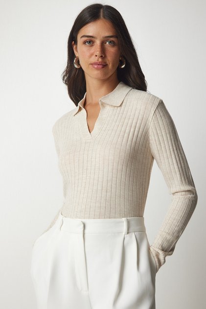 Women's Cream Polo Collar Ribbed Knitwear Sweater BV00011