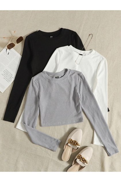 Women's 3-Piece Ribbed 100% COTTON Crew Neck Knitted Camisole Long Sleeve Crop Blouse