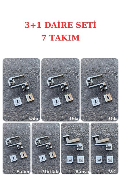 (7 SETS) Sofuoğlu Anka Stainless Nickel Satin Square Rosette (3 in 1 SET) Door Handle (5 ROOMS / 2 BATHROOMS WC)