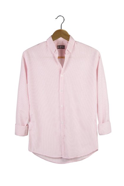 Erkek Pembe İnce Dik Çizgili Uzun Kollu Slim Fit Gömlek