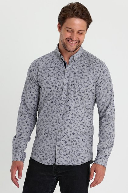 Men's Grey-Navy Blue Slim Fit Slim Fit 100% Cotton Button Collar Printed Shirt