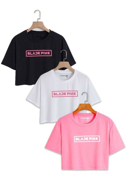 Girl's BlackPink Printed 3-Piece Black White Pink Crop Blouse