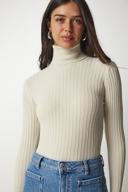 Women's Beige Turtleneck Ribbed Basic Sweater bv00095