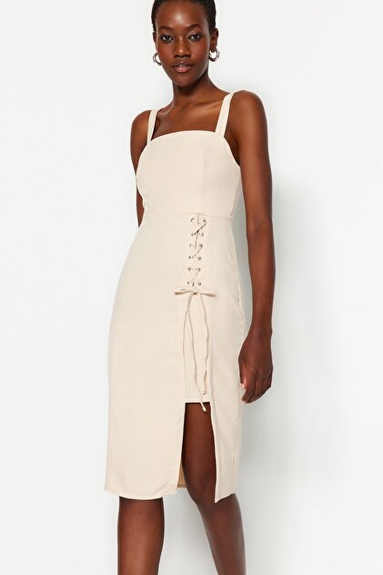 Trendyol Collection Cream Midi Pencil Skirt Dress - Eyelet Detail, Square  Collar with Slits TWOSS19EL0079- Trendyol