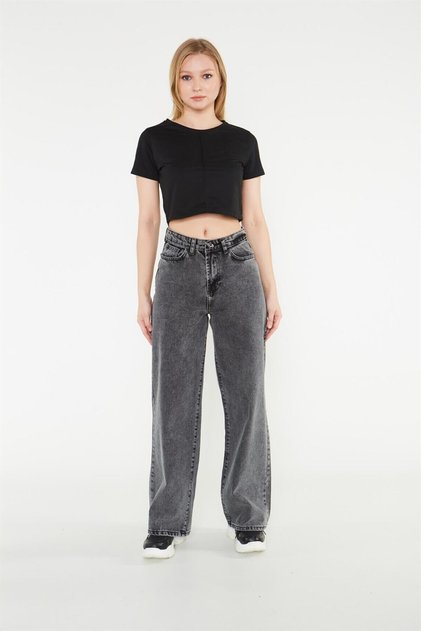 Yako Women's Smoked Lycra Super High Waist Loose Jeans