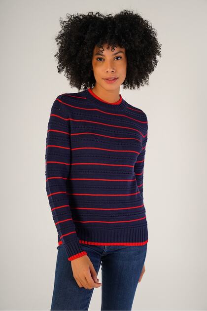 Navy Blue Women's Linxli Openwork Striped Crew Neck 100% Cotton Sweater