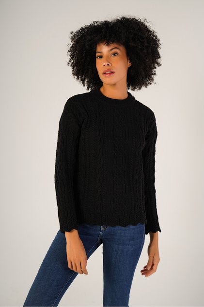 Black Women's Hair Running Crew Neck Wool Sweater
