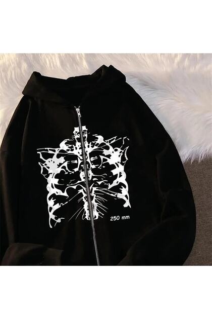 Harajuku Skeleton Printed Tech Oversize Zipper Detail Vintage Unisex Cardigan gf