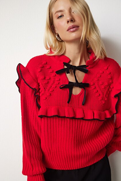 Happiness İstanbul Roter Strickpullover mit Rüschenkragen und