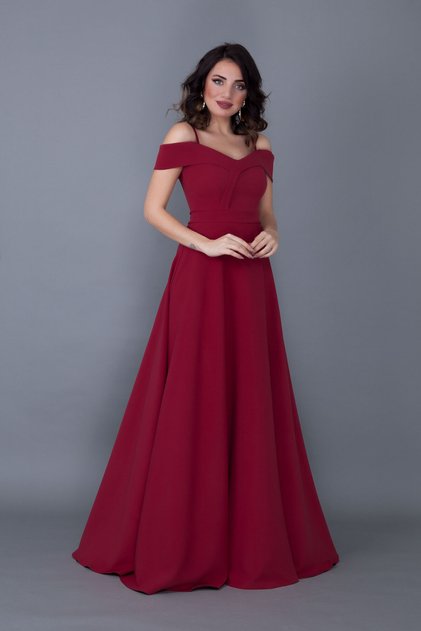 Rochie evazată cu bretele, lungime maxi, cu detaliu la umeri, bordo