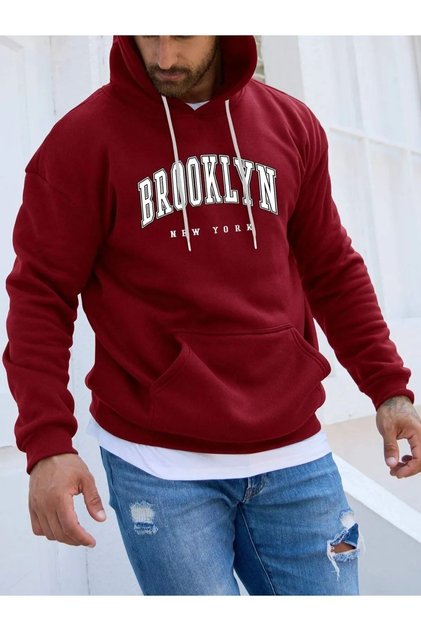 Men's Red Brooklyn Printed Oversize Hooded Sweatshirt